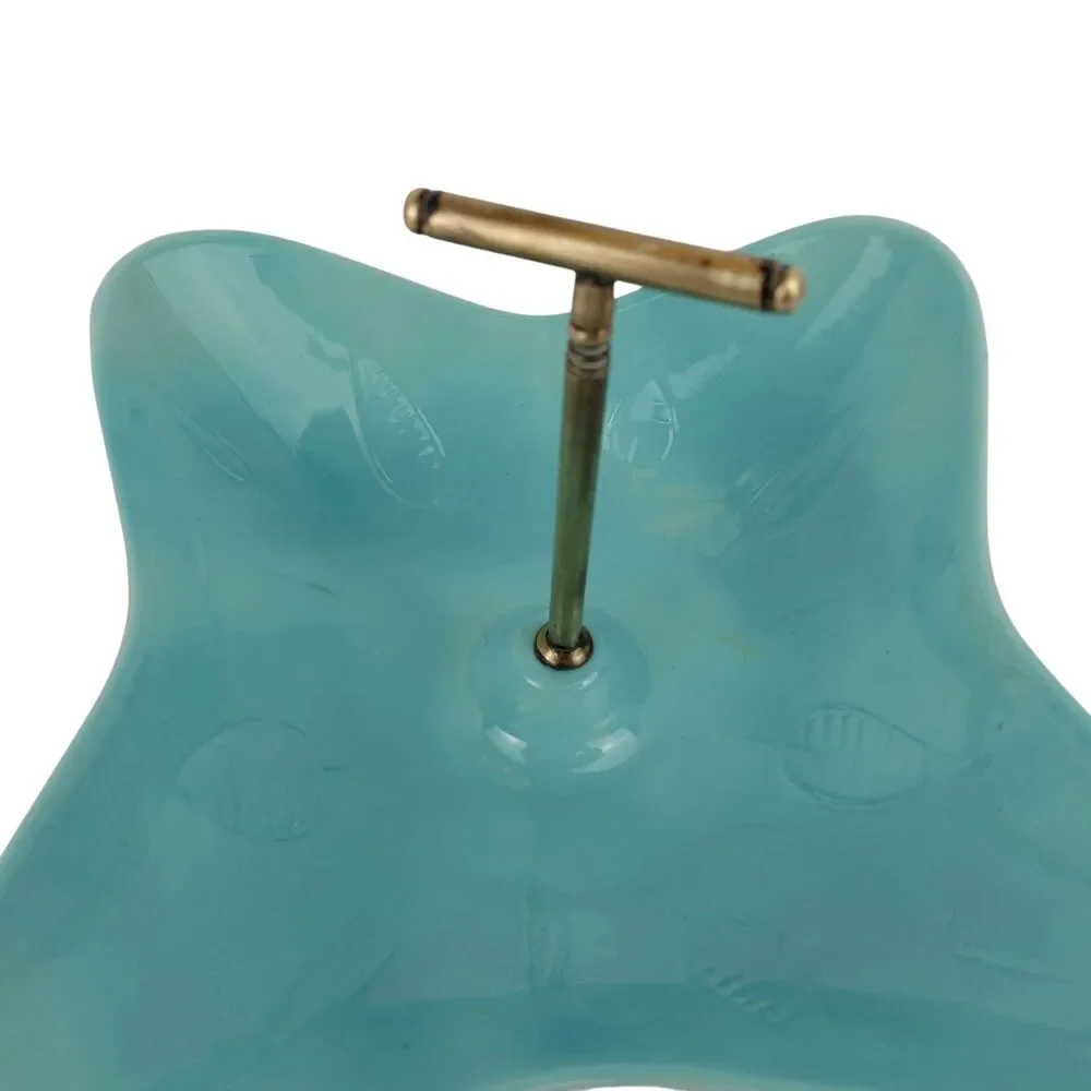 California USA Pottery Turquoise Candy Nut Dish Brass Handle 1950's Vtg Atomic